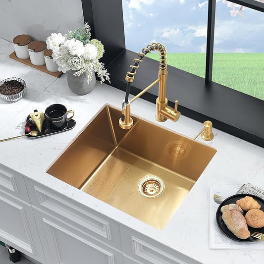 22 Inch Gold Undermount Laundry Sink -HLBLFY 22"x18"x12" Stainless Steel Laundry Room Sink Gold Utility Sink 16 Gauge Single Bowl Deep Undermount Kitchen Sink with Roll Up Rack