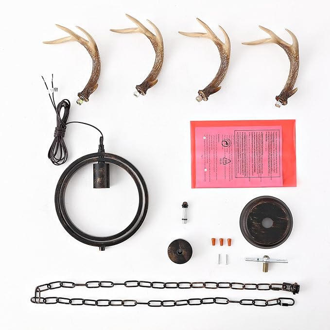 Antler Globe Chandelier, 11.8" Rustic Metal Cage Pendant Light with Resin Antlers, Industrial Farmhouse Hanging Ceiling Light Fixture for Kitchen Island, Dining Room, Entryway, E26 Base, Brown