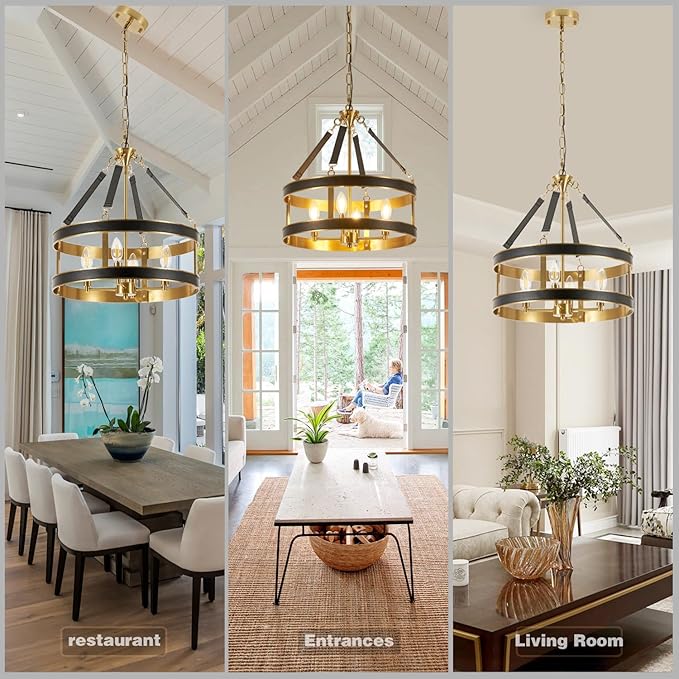 Farmhouse Ceiling Chandelier,18 Inch Antique bronze aluminum black leather belt trim Modern Rustic Hanging Pendant Ceiling Light Fixture for Living room, Dining room, Bedroom, Kitchen(4 Light)