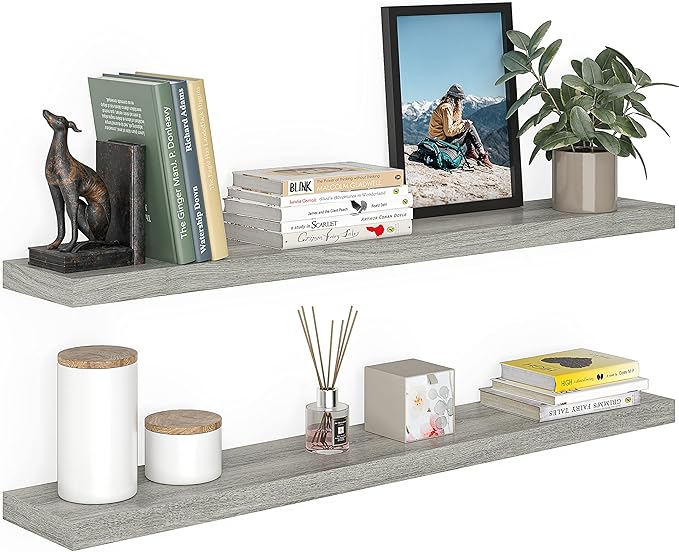 Ballucci Floating Shelves for Wall, 48" Wood Wall Shelf Set of 2, with Invisible Brackets for Bathroom, Living Room, Bedroom, Kitchen, Nursery, 8" Deep, Rustic Gray
