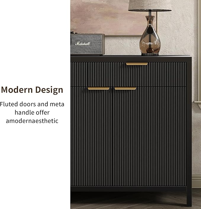 Yanosaku 66" W Fluted Buffet Cabinet, Sideboard Storage Cabinet with 3 Drawers & 2 Cabinets, Mid-Century Coffee Bar Table for Living Room, Black