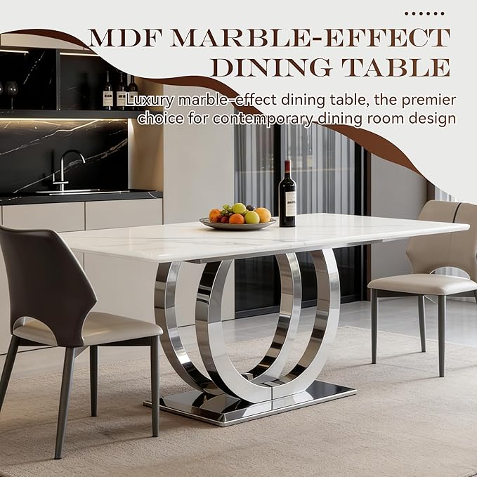 69.3" Luxury Dining Table for 4 6, White Marble Kitchen Dining Room Tables with 0.98" Thick Faux Marble Top & Stainless Steel Pedestal, Modern Silver Rectangular Dinner Table for Kitchen