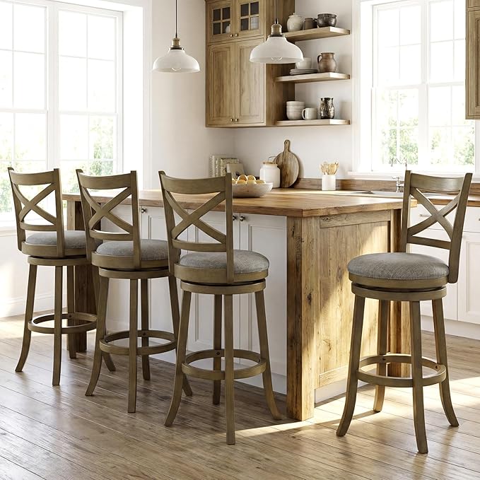 Giantex Wood Swivel Bar Stools Set of 2, 30" Upholstered Bar Height Bar Stools with X Back, Linen Cushioned Seat, Farmhouse Armless Wooden Barstools for Kitchen Island Dining Room, Grey