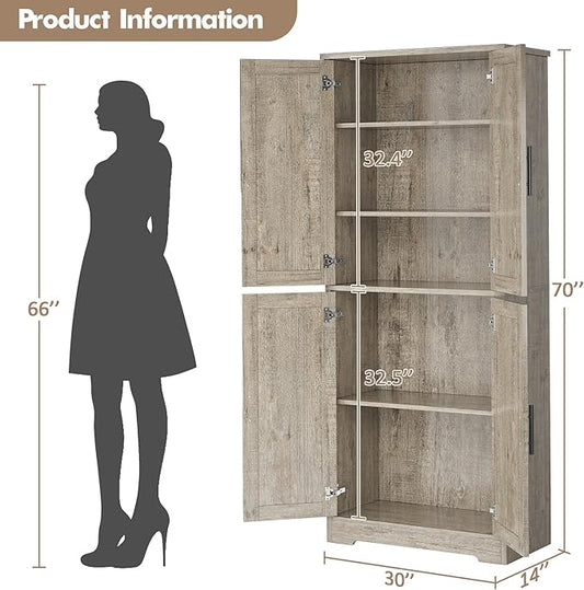 IDEALHOUSE Pantry Cabinet,70" Tall Kitchen Pantry Cabinet with 4 Doors and 3 Adjustable Shelves, Freestanding Cupboard, Modern Storage Cabinet for Bathroom, Dining Room, Living Room, Gray