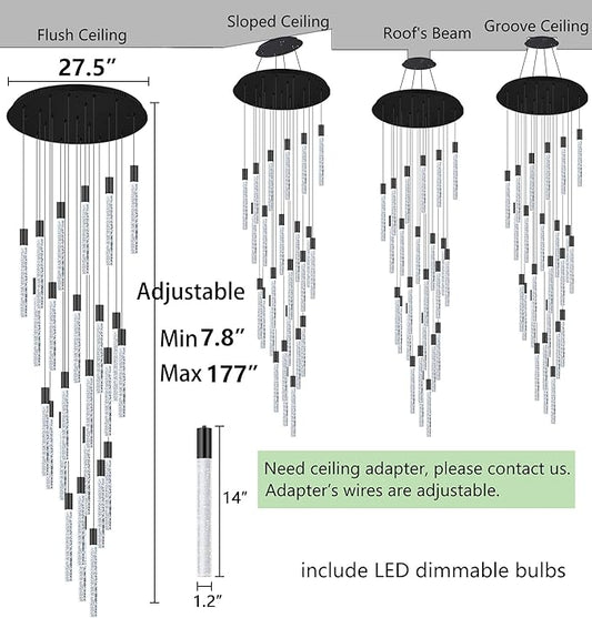 HAIXIANG 14.5 Foot High Ceiling Chandelier for Entryway Modern Crystal Lights for Living Room Foyer Flush Mount Sloping Ceiling Pendant Light Fixture Remote Dimmable 28-Lights Black