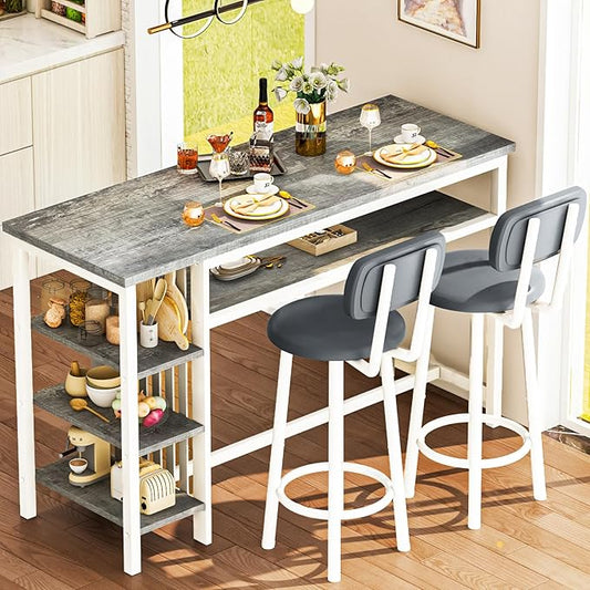DKLGG Bar Table and Chairs Set for 2, 3-Piece Counter Height Dining Table with Stools, Hightop Kitchen Island Table with Storage Shelves for Kitchen, Bar, Pub, Bistro