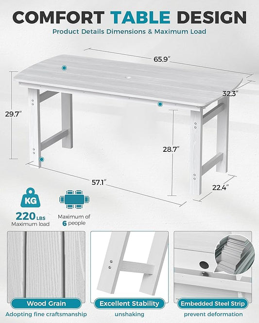 Ciokea HDPE Outdoor Dining Table with Umbrella Hole,66" Rectangle Patio Table for 6,All-Weather Outdoor Patio Furniture Set for Garden Backyard,White