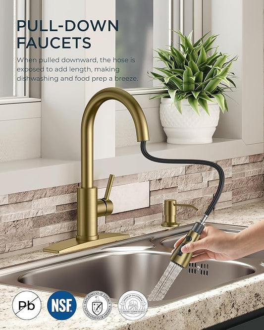 FORIOUS Gold Kitchen Faucet with Soap Dispenser and Pull Down Sprayer, Bar High Arc Single Handle Classic 3 Modes Stainless Steel Faucet for Kitchen Sink Farmhouse RV Laundry Camper
