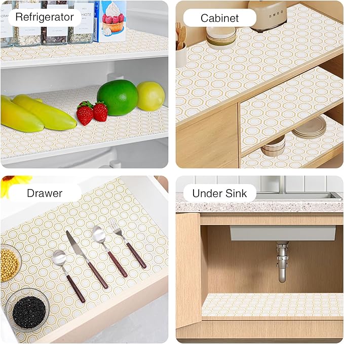 Drawer and Shelf Liner for Kitchen Cabinet,Non-Adhesive Cabinet Liner 24in x 20FT,Waterproof Shelf Paper Non-Slip Mats Cupboard Liners Contact Protect Dresser/Shelves/Table-Gold Octagonal