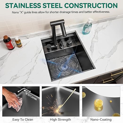 YITAHOME RV Kitchen Black Sink 13 x 15 x 9 Inch, Undermount Gunmetal Black Stainless Steel Single Bowl Small Sink with Swivel Spout, Cutting Board, Soap Dispenser
