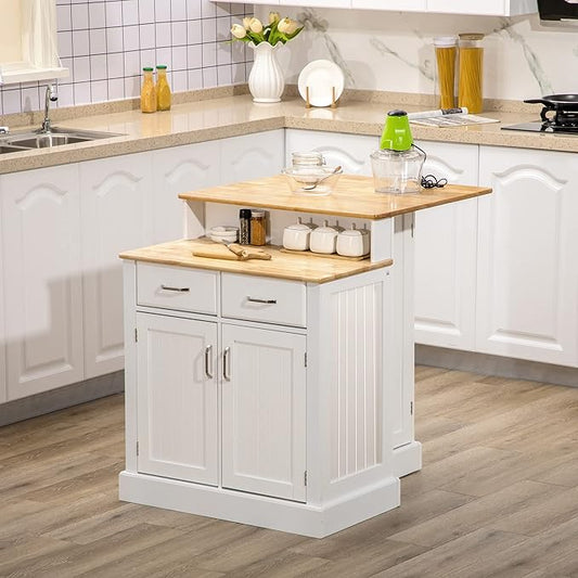 Modern Dining Table Kitchen Island with Cabinet Adjustable Shelves Drawers 2-Level Rubber Wood Tabletop Sturdy Stable Easy Clean Luxury Counter Console Living Decor