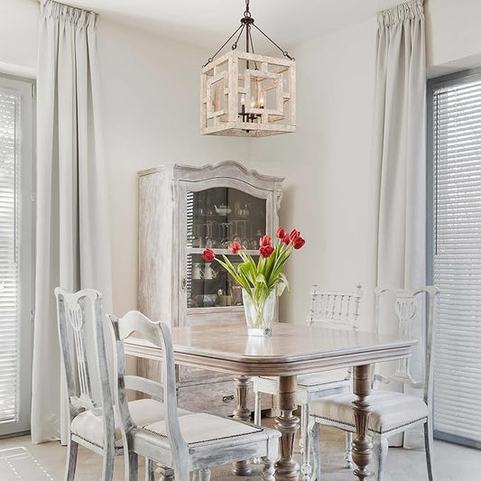 Farmhouse Chandelier, 4-Light Wood Suqure Chandeliers for Dining Romm, Living Room, Foyer and Kitchen Island, Weathered White Wood & Rustic Metal Finish