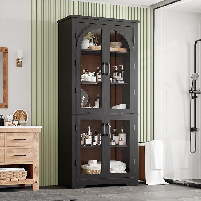 Garvee 70" Tall Kitchen Pantry Cabinet - Modern Display Cabinet with 4 Arched Glass Doors and Adjustable Shelves, Versatile Cupboard Organizers for Kitchen, Dining Room, Living Room, Bathroom, Black