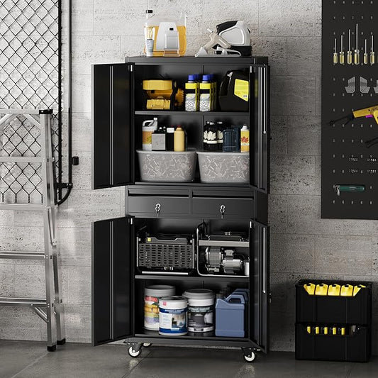 73in Metal Garage Storage Cabinet with Wheels, Locking Doors, 2 Deep Drawers & 2 Adjustable Shelves, Rolling Garage Tool Organizer & Steel Cabinet for Workshop, Office, Home Organization