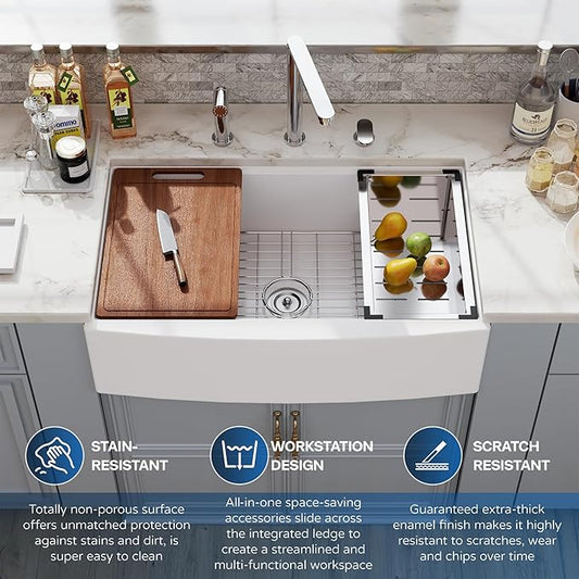 33 White Farmhouse Sink Workstation, Hugsleek Undermount Farm Kitchen Sink 33x21 inch Apron Front White Porcelain Ceramic Fireclay Sinks Ledge Accessories Under Counter Single Bowl Farmer Sinks Basin