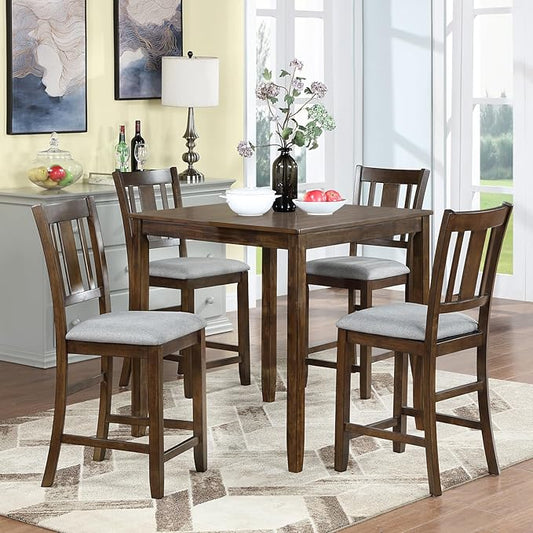 Set of 4 Dining Chairs, Wooden Kitchen Chairs with Padded Cushion, Upholstered Stools for Kitchen Island, Dining Room, Living Room, Easy Assembly (Walnut - Slatted backrest)