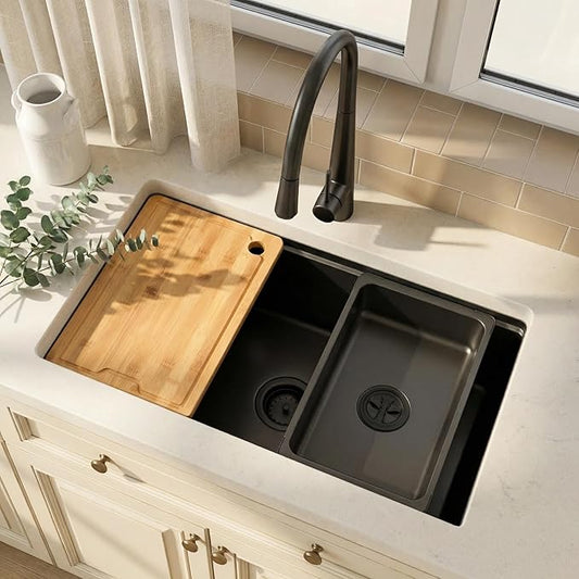 MILOSEN Black Undermount Kitchen Sink, 30x18 Inch T304 Black Stainless Steel Workstation Sink, 9 Inch Deep Single Bowl Kitchen Sink with Bottom Grid and Strainer, Modern Large Kitchen Sink