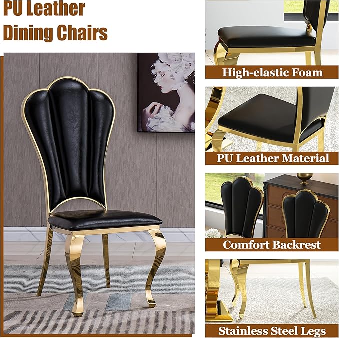 7-Piece Modern Luxury Dining Table Set, 70" Black Tempered Glass Kitchen Table with Gold Polished Stainless Steel U-Shaped Pedestal Base and 6 Black Upholstered High-Back Side Chairs for Dining Room