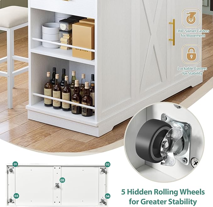 YITAHOME Kitchen Islands with Seating, 47" Mobile Storage Island with Trash Can, Rolling Kitchen Island Cart with Drop Leaf & Stainless Steel Countertop, Bar Table with 2 Stools, Spice Rack, White