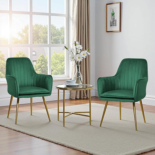 CangLong Set of 2 Mid Century Modern Velvet Dining Chairs – Upholstered Accent & Vanity Chairs with Metal Legs for Kitchen, Living Room, Bedroom, Green