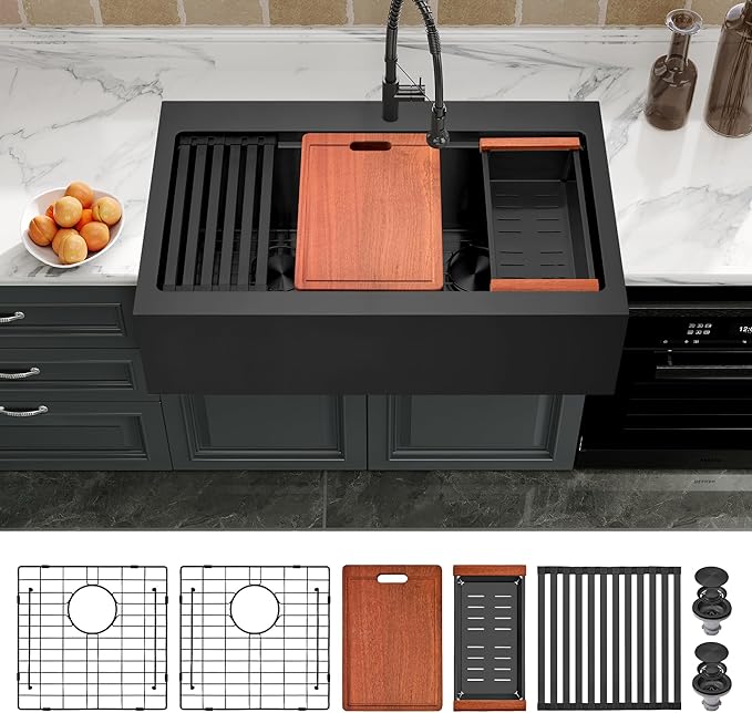 Black Farmhouse Kitchen Sink 36 x 22 Drop In, 50/50 Double Bowl Farm Sinks, 16 Gauge Stainless Steel Workstation Sink with Ledge & Accessories, 36" x 22" x 10" Large and Deep Double Sink