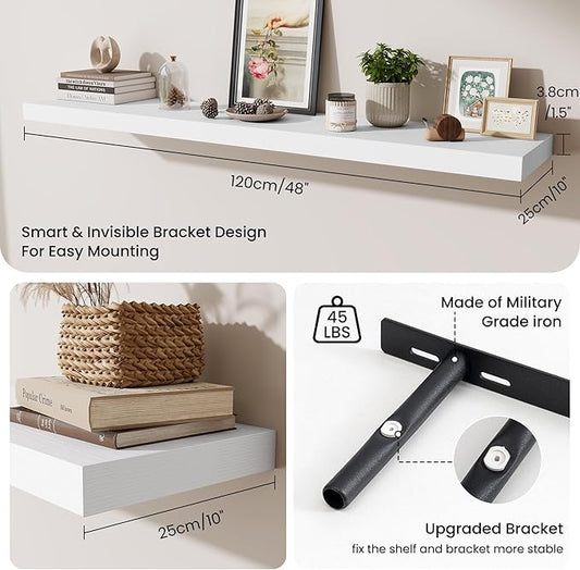 Fun Memories 55 Inch Fireplace Mantel Shelf, 10 Inch Deep Shelves for Display & Wall Storage, Rustic Wood Wall Shelf, Extra Long Floating Shelves for Living Room Laundry Room, White, Set of 1