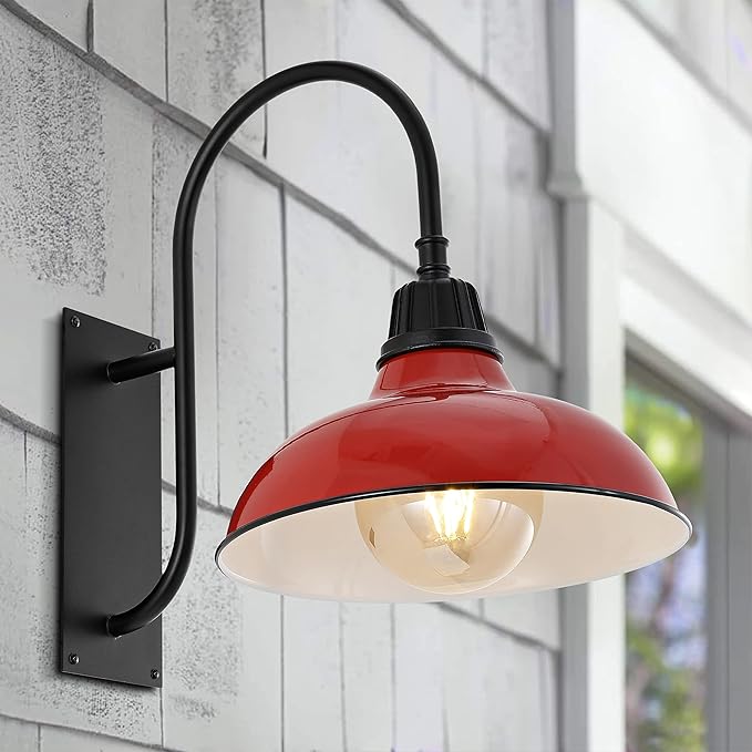 JONATHAN Y 12.25" Red/Black 1-Light Farmhouse Gooseneck Outdoor Wall Sconce Lamp, with Black Metal Bowl Shade, Industrial Iron LED Porch Light for Patio Garage Entryway (JYL7614E)