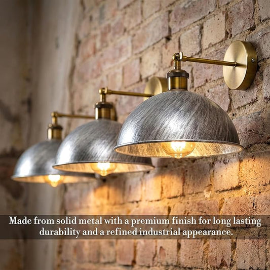 Dome Metal Wall Sconce, 180° Adjustable Industrial Wall Lamp for Bedside, Study, Kitchen, and Living Room Décor. (Brushed Silver.)