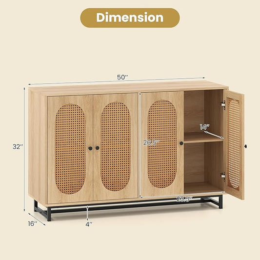Giantex Rattan Sideboard Buffet Cabinet, 50" Large Boho Buffet Table with 4 Doors, Adjustable Shelves & Metal Legs, Farmhouse Accent Storage Cabinet for Kitchen, Living Room, Entryway, Coffee Bar