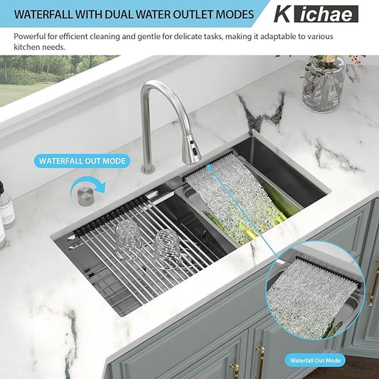 Kichae 32 Undermount Waterfall Kitchen Sink - Undermount Sink 32"x17" Ledge Workstation 16 Gauge Stainless Steel Deep Single Bowl Under Counter Handmade Basin with Wash Basin