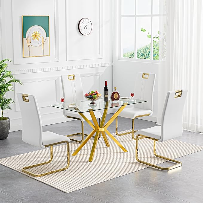 47-Inch Modern Dining Table for 4 - Small Gold Kitchen Table With 0.32" Rectangular Tempered Glass Top and Gold Metal Legs - Clear Glass for Dining Room