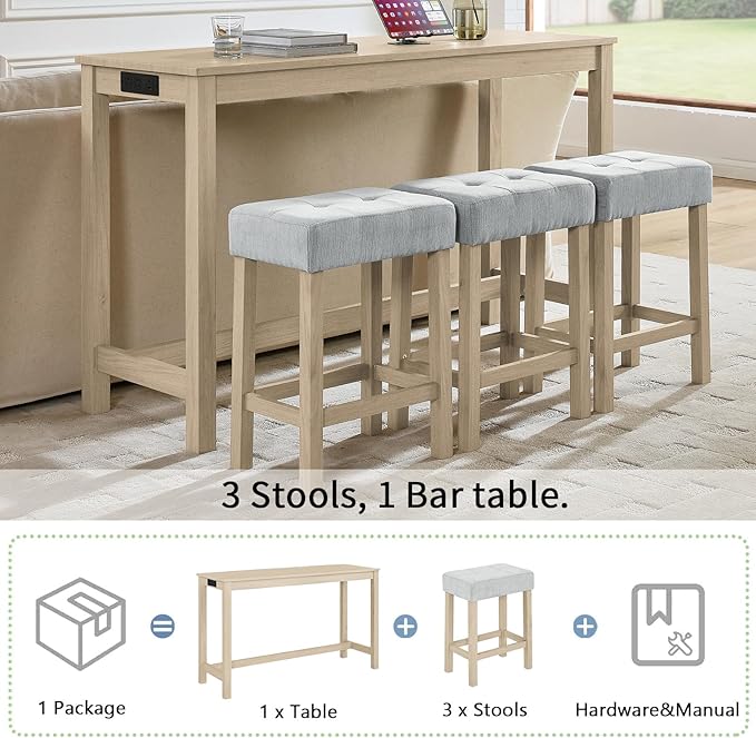 HMFULE 59'' Bar Table and Chairs Set with Power Outlet, Industrial Breakfast Table Set with 3 Padded Stools, Solid Wood Console Table Set for Living Dining Room, Light Oak