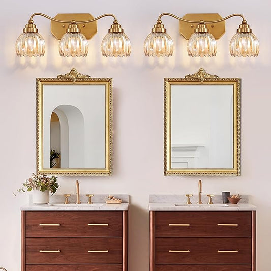 Vintage Bathroom Light Fixtures, 3 Light Gold Bathroom Vanity Light, Matte Antique Brass Finish with Amber Crystal Glass Shade, Wall Sconces Lighting for Bedroom, Living Room(Amber-colored Glass)