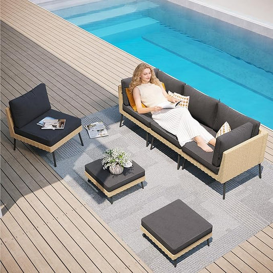 Aoxun 6-Piece Patio Furniture Set, Wicker Outdoor Furniture with Water Resistant Thick Cushions, Patio Conversation Set Outdoor Sectional Sofa with Coffee Table for Backyard Poolside, Black