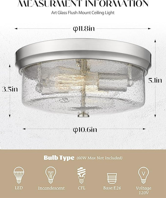 12inch Flush Mount Ceiling Light, Close to Ceiling Light Fixtures, Brushed Nickel Finish with Handmade Seeded Smoky Art Glass Shade for Living Bedroom Room Hallway
