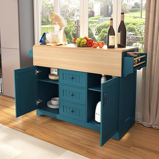 55.7'' Large Kitchen Island with 2 Drop Leaf, Rolling Kitchen Cart on 5 Wheels with Power Outlet, Folding Storage Dining Table with Spice and Towel Rack, 3 Drawers for Kitchen, Dining Room (Green-JAB)