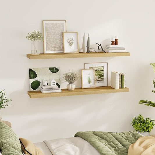 Fun Memories 55 Inch Floating Shelves for Wall 2 Pack Shelves for Bedroom|Kitchen|Bathroom 55 x 9.3 Inch Wood Floating Shelf with Invisible Brackets for Books|Storage|Decor, Oak