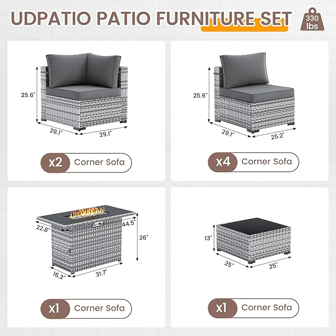 UDPATIO Patio Furniture Set with Fire Pit Table, 8 Pieces Outdoor Sectional Sofa, PE Wicker Patio Conversation Set for Garden, Backyard (Grey Cushions with Grey Rattan)