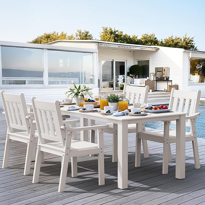 YEFU HIPS Patio Table Set: 7 Piece Outdoor Table and Chairs Dining Furniture Set with Umbrella Hole - White Modern Plastic Dining Sets 6 Person for Outside Deck with Metal Aluminum Frame