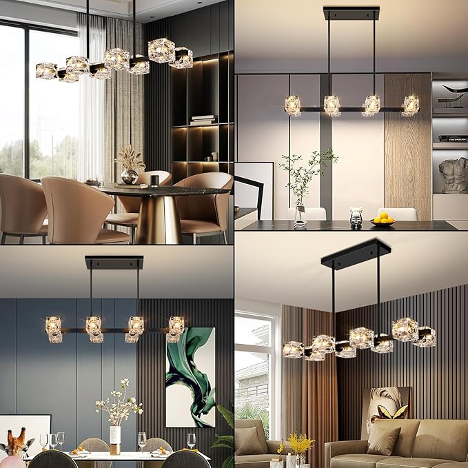 Black Chandeliers for Dining Room, Modern Crystal Pendant Lights Fixture with Cube Shade, 8-Lights Farmhouse Hanging Dining Light Fixtures Over Table for Kitchen Island, Living Room, Bedroom (G9 Base)