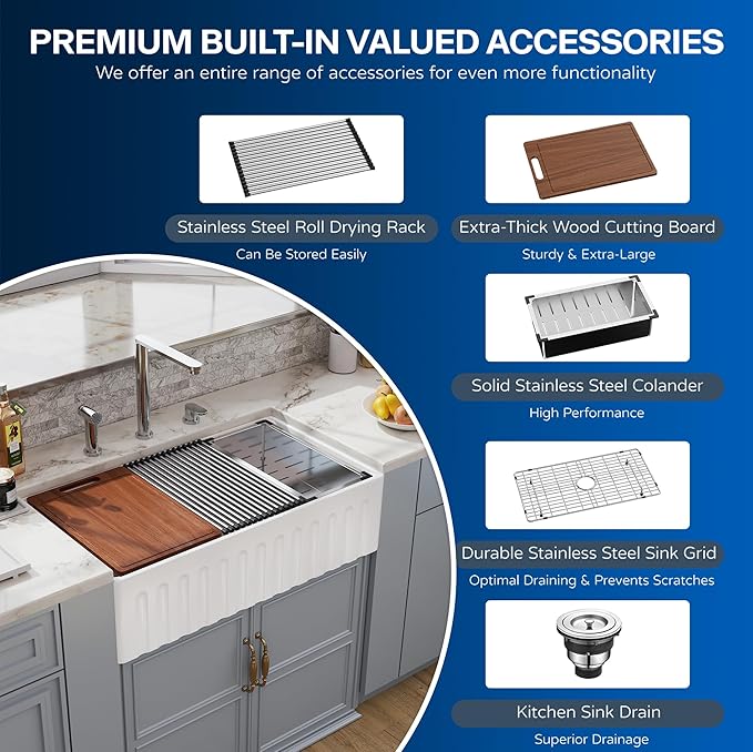 33 White Farmhouse Sink Reversible Workstation, Hugsleek Undermount Farm Kitchen Sink 33x20 inch Apron Front White Porcelain Ceramic Fireclay Sinks Single Bowl Under Counter Farmer Basin Accessories