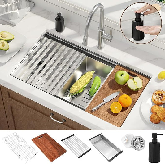32x19 Inch Undermount Kitchen Sink Luxury Nano-coating Single Bowl Black Kitchen Sinks 16 Gauge Stainless Steel Soundproof Kitchen Workstation with 6 Accessories (Brushed Nickel)
