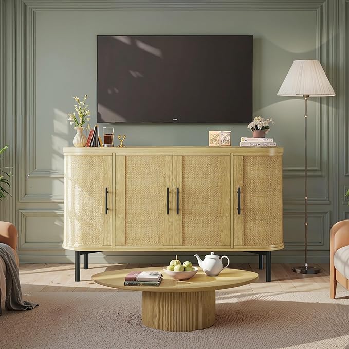 HUAHUU 47.2" Sideboard Buffet Cabinet with Storage, Sideboard Cabinet with 4 Rattan Doors, Adjustable Shelf & Metal Legs, Multifunctional Storage Cabinet for Kitchen, Living Room, Entryway, Oak
