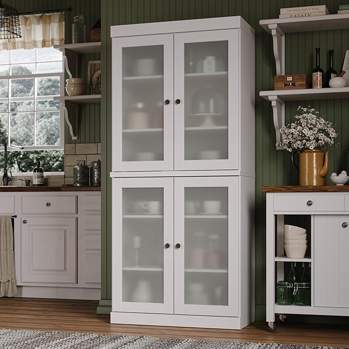 Palace Imports 100% Solid Wood Kitchen Pantry w/ 4 Frosted Glass Doors, White, 32" w x 71.5" h, Renewable Eco-Friendly Wood, Made in Brazil
