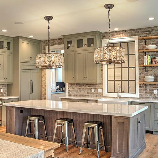 Bronze Vintage Crystal Chandeliers for Dining Room 14.17" Drum Pendant Lights, Dining Room Light Fixtures Over Table, Hanging Chandelier for High Ceiling Kitchen Island Living Room Foyer
