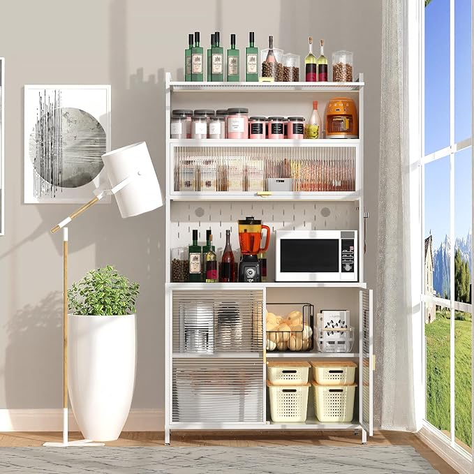 73‘’ Tall Kitchen Metal Pantry Cabinet, Pantry Storage Cabinet with Microwave Shelf and Door, Hutch for Kitchen, Dining Room, Living Room