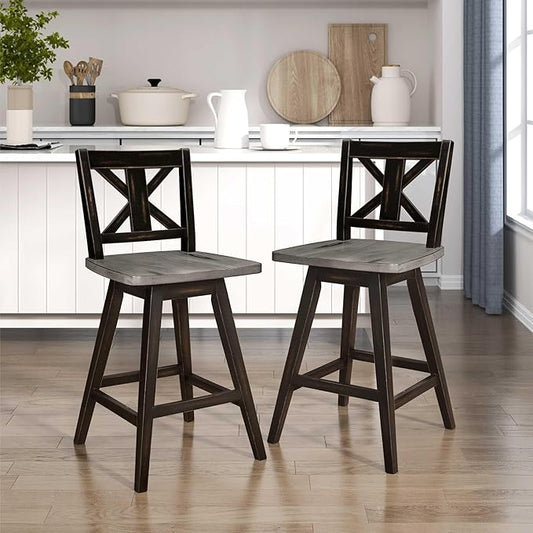 Lexicon Counter Height Stools Set of 2-Solid Wood Frame 360° Swivel Wooden Stools, Foot Rest, X Back, Wide Seat, Distressed Farmhouse Easy to Clean Finish, 24" SH, Antique Black/Grey