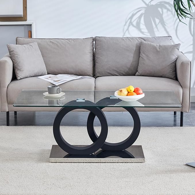 Glass Coffee Table for Living Room, 47" Modern Rectangle Coffee Tables with Tempered Glass Top and Unique Wooden Base, Clear Center Table for Living Room, Apartment, Office