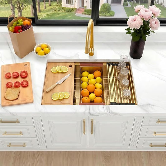 33 Inch Gold Undermount Kitchen Sink, NANO-PVD 304 Stainless Steel Sinks 16 Gauge Single Bowl Ledge Workstation With Accessories, 33"x19"x9" Inch Large and Deep Basin