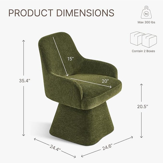 KISLOT Swivel Dining Chairs Set of 2, Mid Century Modern Chairs Fabric Upholstered Armchair with Armrest & Ergonomic Backrest for Dining Room, Kitchen, Bedroom, Living Room, Green, 2 Boxs